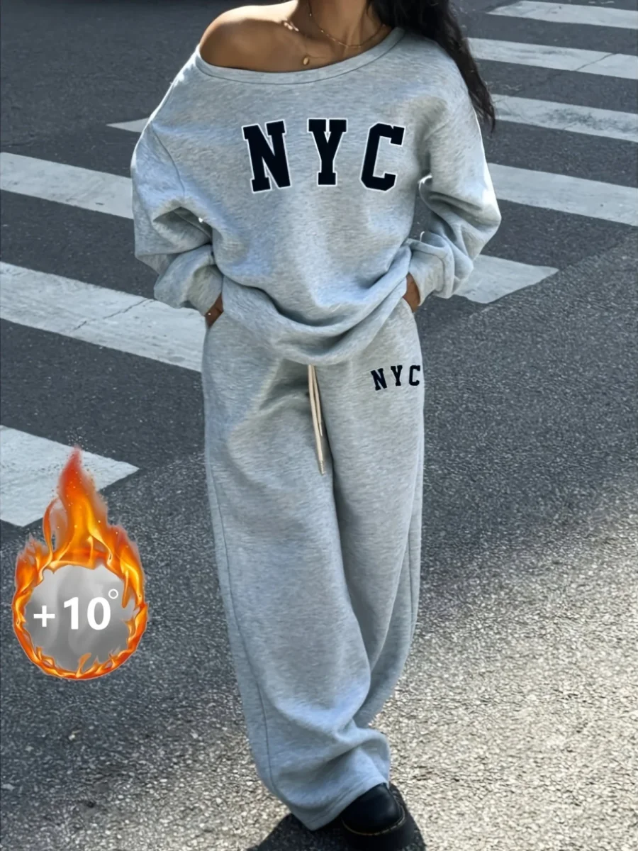 Ensemble survêtement femme gris clair décontracté avec impression NYC - Imagen 3