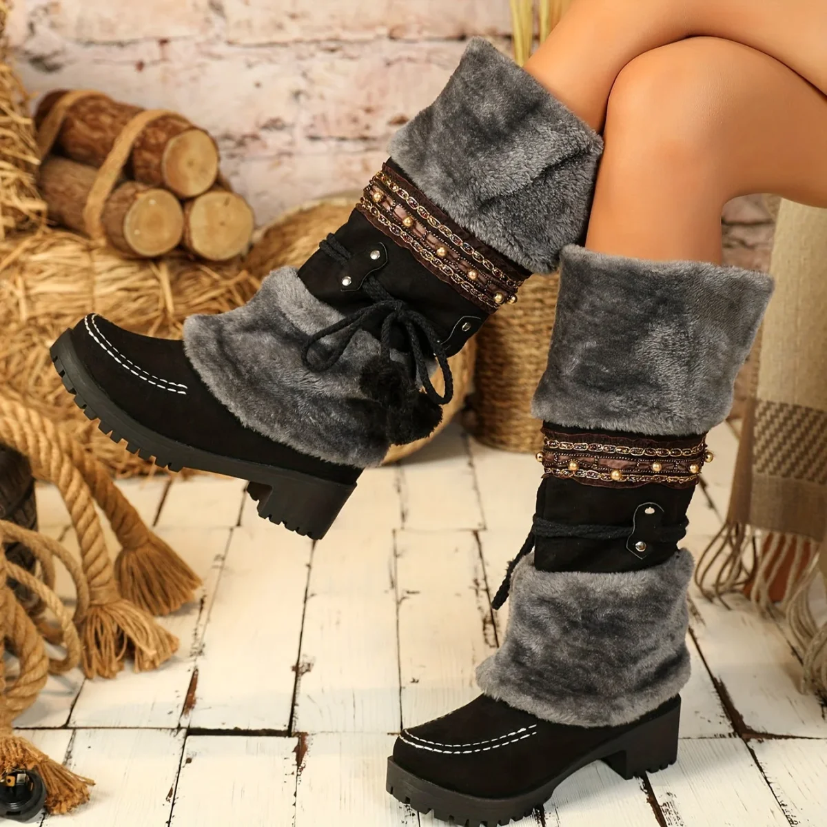 Bottes Femme Mi-Mollet Chaudes Style Ethnique Marron avec Fourrure et Pompons - Imagen 9