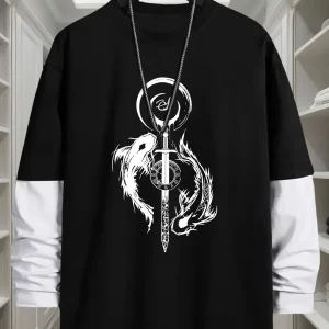 T-shirt Homme Manches Longues Bicolore Imprimé Dragon Épée