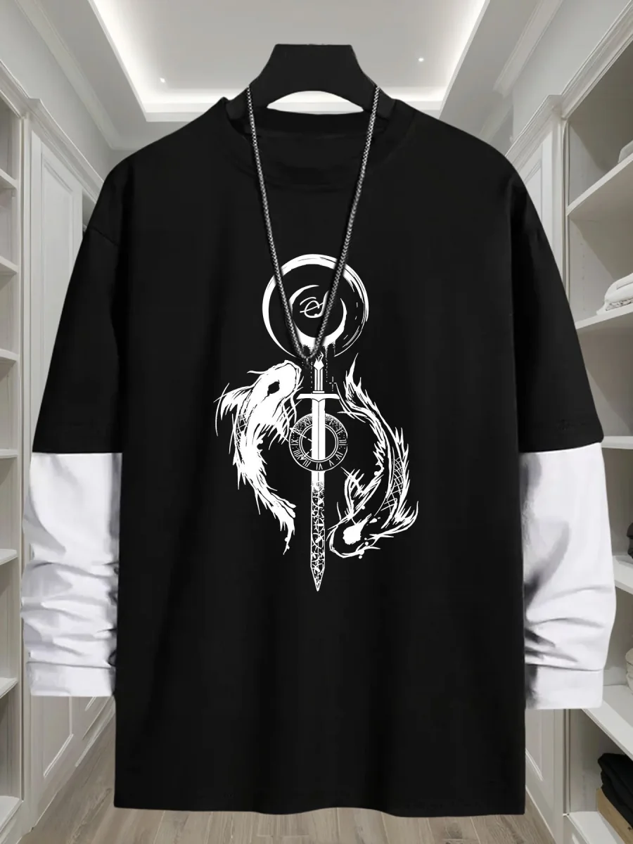 T-shirt Homme Manches Longues Bicolore Imprimé Dragon Épée - Imagen 2