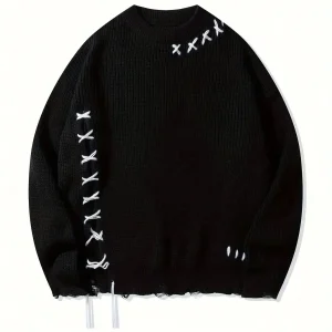 Pull en maille unisexe noir à col rond avec détails de lacets et ourlet effiloché