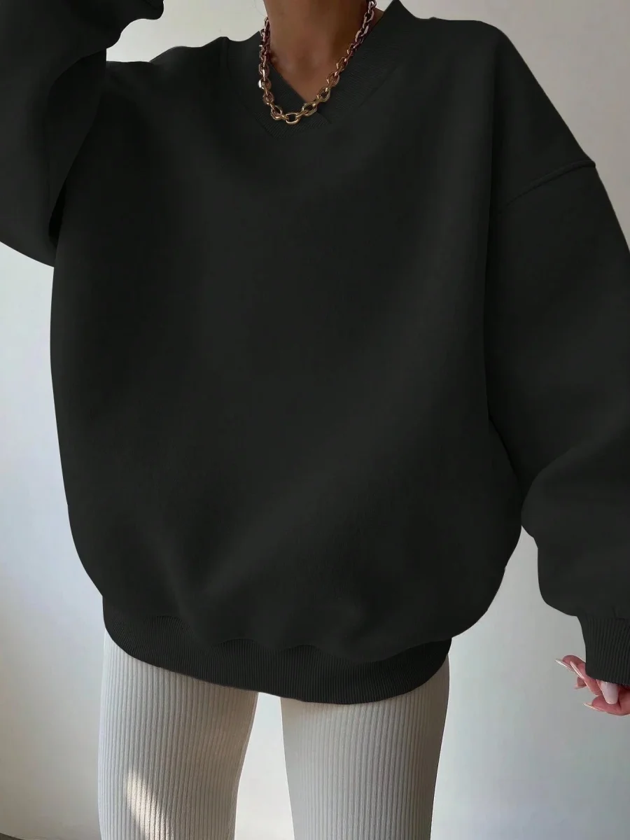 Pull col V femme noir décontracté manches longues - Imagen 8