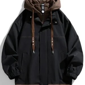 Veste Homme Coupe-Vent avec Capuche Intégrée Amovible Style Décontracté Noir Marron