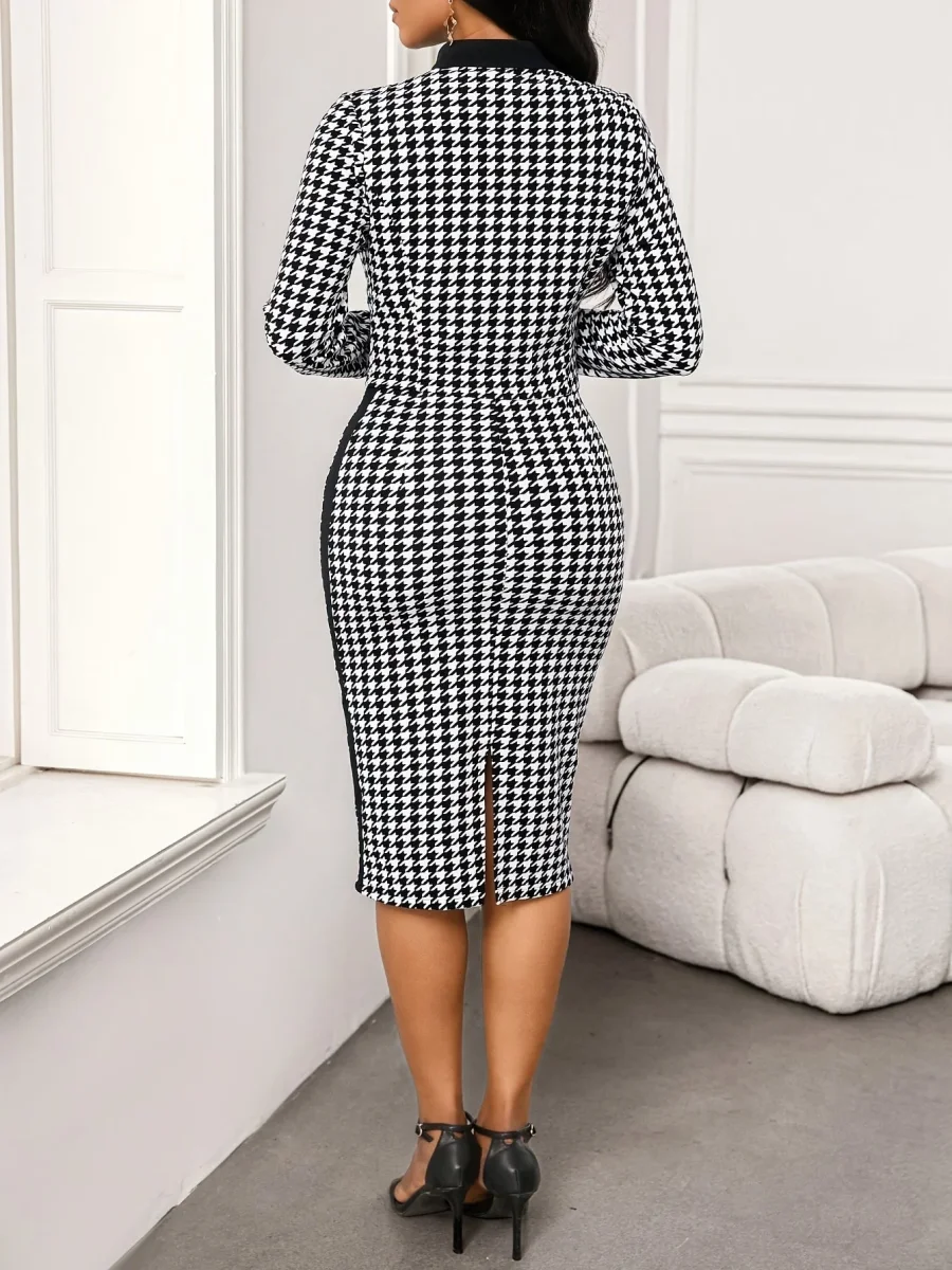 Ensemble jupe mi-longue et veste ouverte à motif pied-de-poule noir et blanc pour femme - Imagen 3