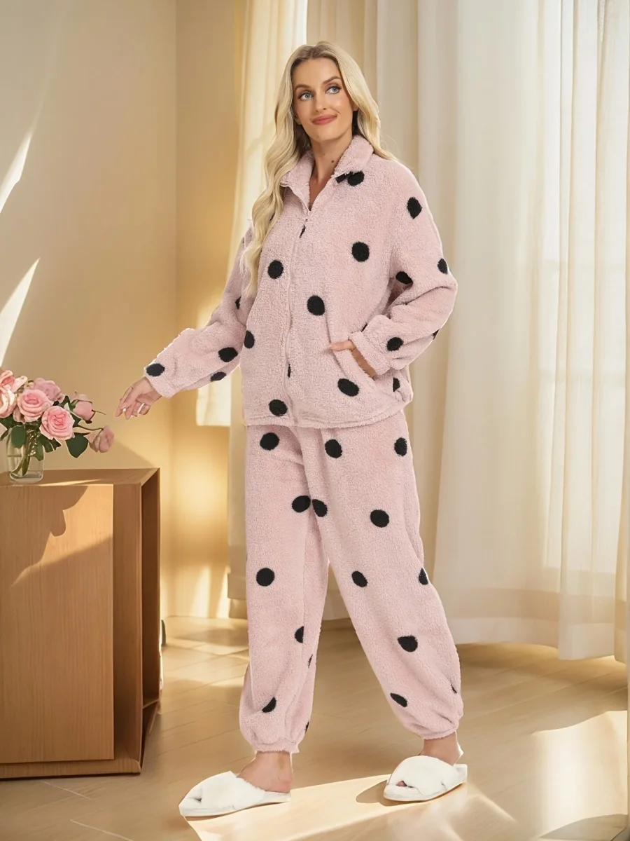 Pyjama Femme Doux Polaire Motif Pois Manches Longues Zip Intégral - Imagen 3
