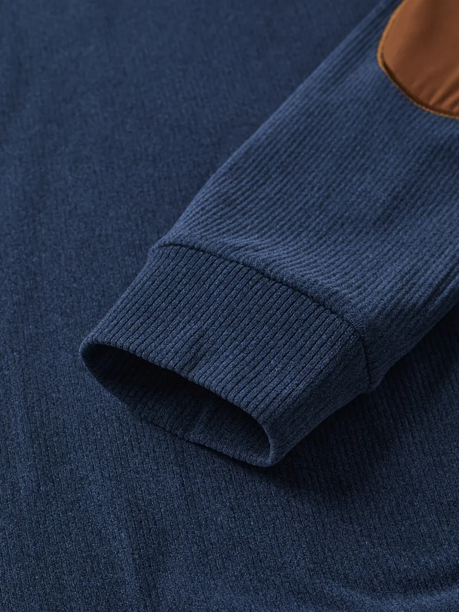 Pull Homme Col Montant Bleu Marine Crème avec Coudières Marron - Imagen 6
