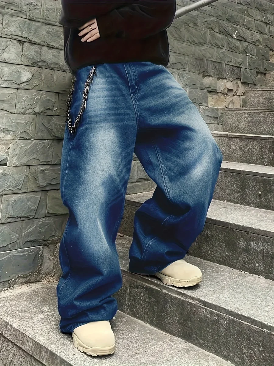 Jean large délavé coupe baggy bleu foncé style urbain unisexe