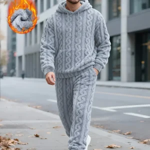 Ensemble de Survie Homme en Tissu Doux Texturé, Chaud, à Capuche et Pantalon, Gris Foncé
