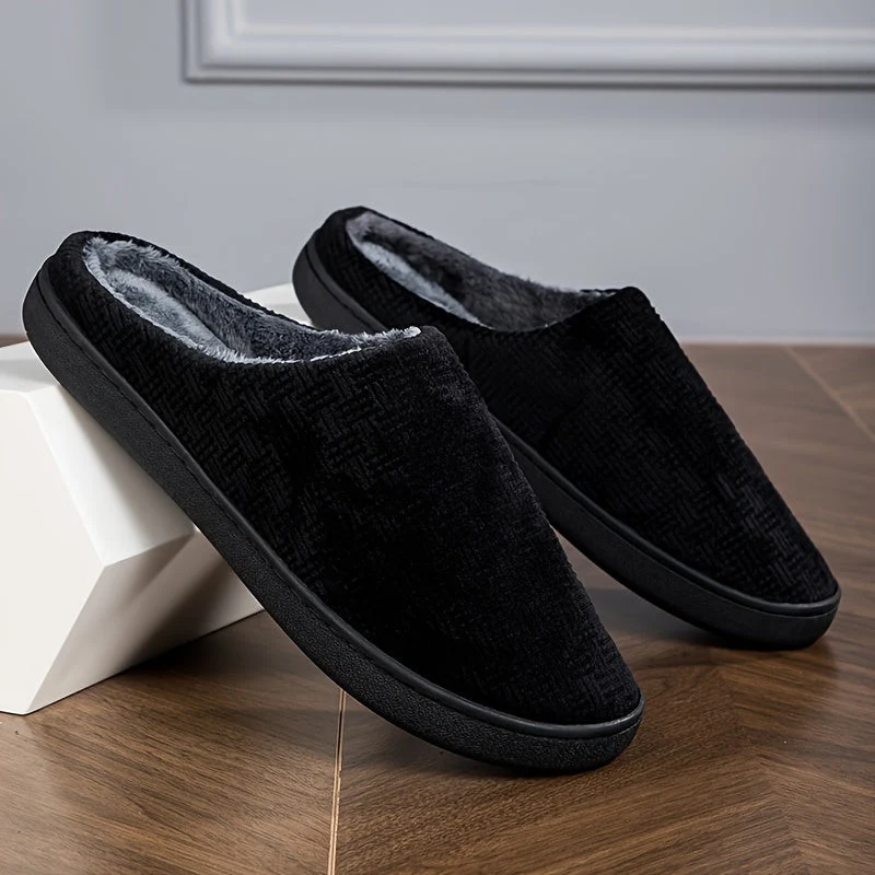 Pantoufles d'intérieur homme noires doublées, motif texturé discret, confortables et chaudes - Imagen 2