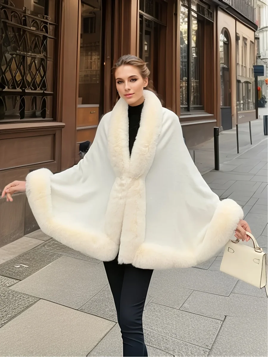 Cape poncho femme ample avec col et bordures en fausse fourrure pour hiver élégant - Imagen 9