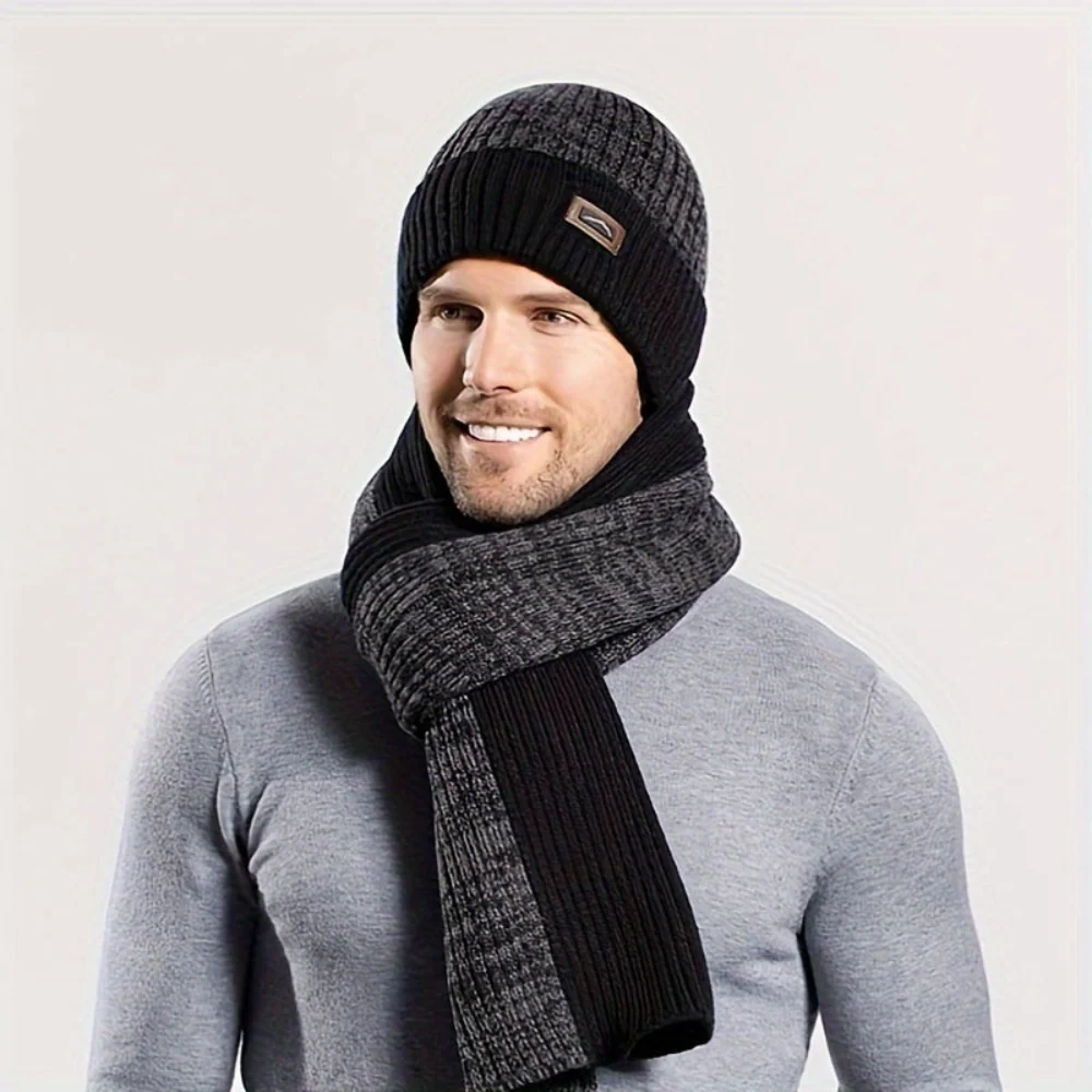 Ensemble hiver bonnet écharpe gants gris chiné tricot doublé polaire pour homme - Imagen 4