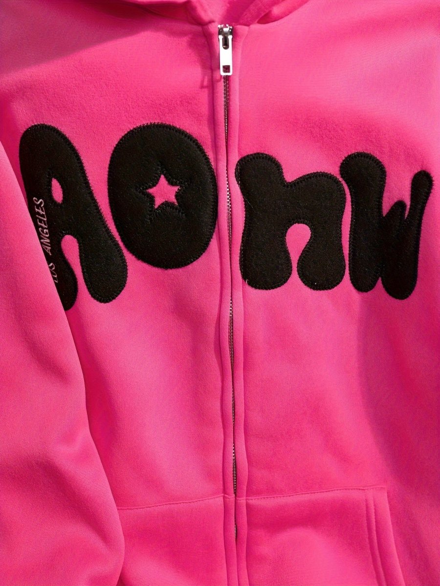 Sweat à Capuche Zippé Femme Rose Vif Étoile New York Lettrage Noir - Imagen 7
