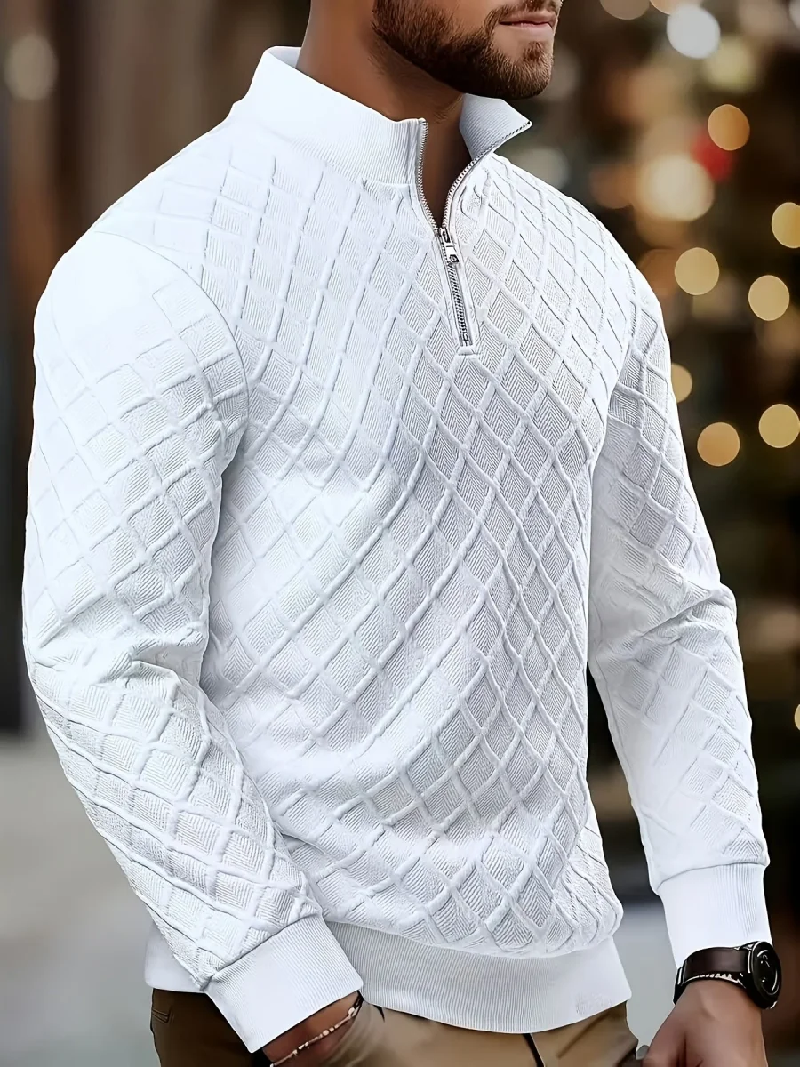Pull homme blanc texturé à col montant zippé - Imagen 4