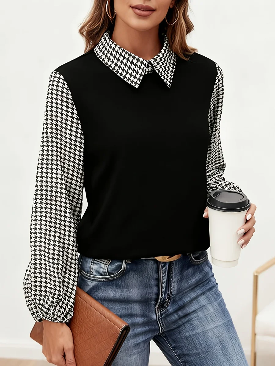 Blouse Femme Noir et Blanc Motif Pied-de-poule Manches Longues - Imagen 5