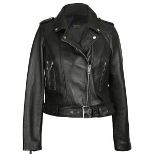 Chaqueta de motorista Aria de cuero auténtico con cinturón