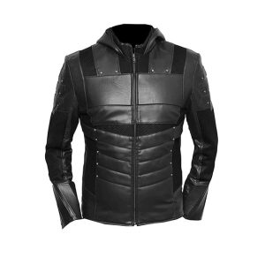 Chaqueta con capucha de cuero genuino negro de Oliver Green Arrow