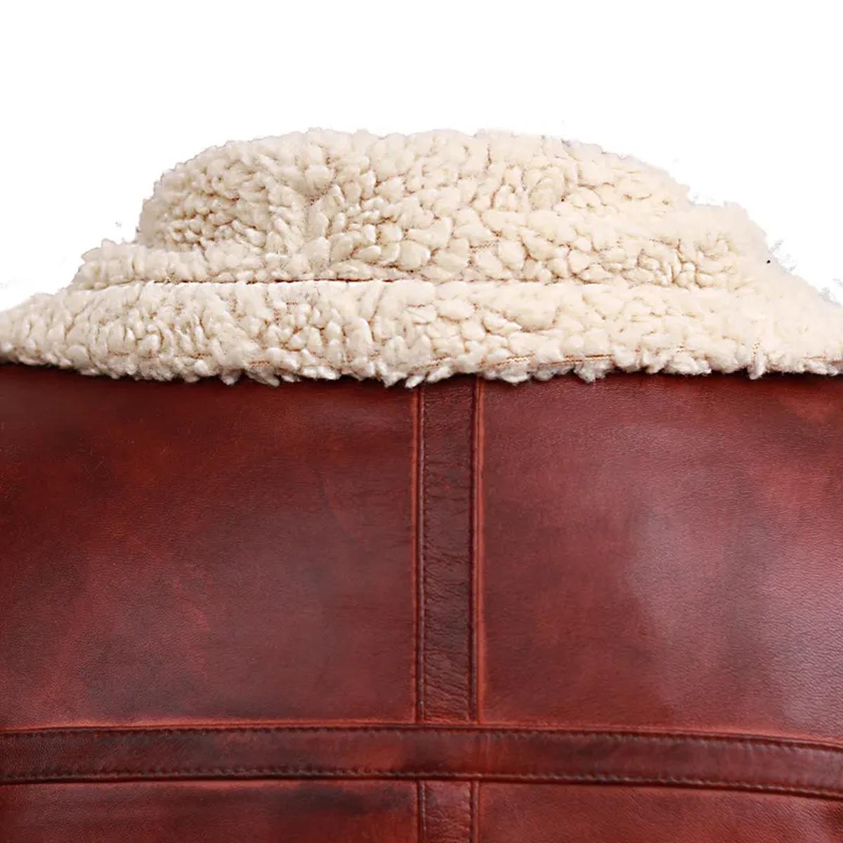 Chaqueta de hombre de piel auténtica con cuello alto y ribete de piel de oveja marrón. - Imagen 3
