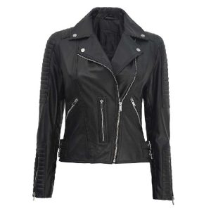 Elegante chaqueta de cuero genuino negra estilo motero para mujer.