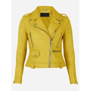 Chaqueta de moto de piel de oveja amarilla para mujer