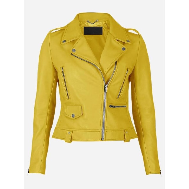 Chaqueta de moto de piel de oveja amarilla para mujer - Imagen 2