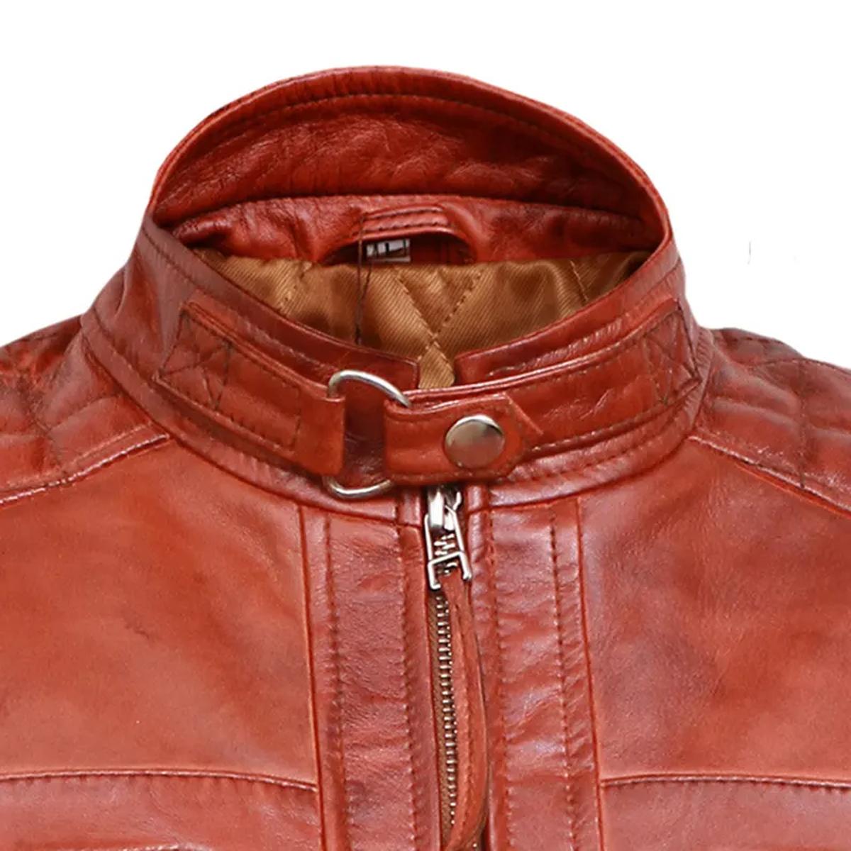 Chaqueta de motorista clásica vintage de cuero genuino marrón con estampado de rombos. - Imagen 3