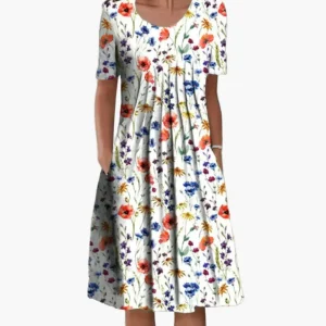 Robe d'été femme coupe midi à imprimé floral, style décontracté et élégant pour occasions estivales