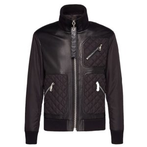 Chaqueta negra acolchada de cuero auténtico estilo motero