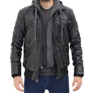 Chaqueta con capucha de cuero genuino negro para hombre