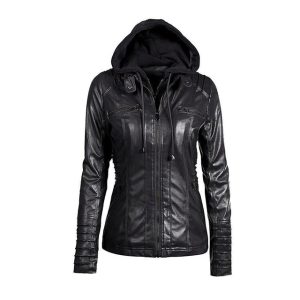 Chaqueta de motorista de cuero auténtico negro de diseñador con capucha.