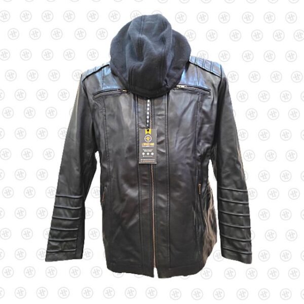 Chaqueta de motorista de cuero auténtico negro de diseñador con capucha. - Imagen 8