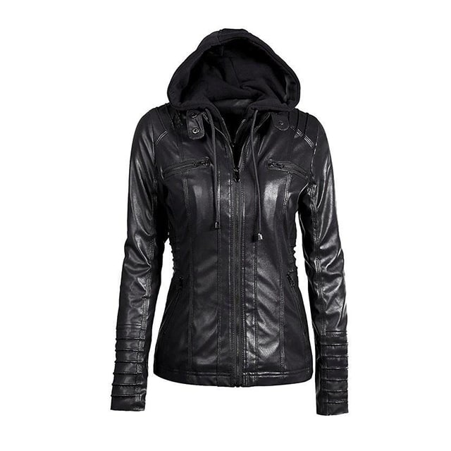 Chaqueta de motorista de cuero auténtico negro de diseñador con capucha. - Imagen 2
