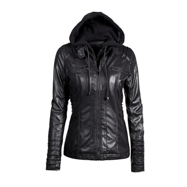 Chaqueta de motorista de cuero auténtico negro de diseñador con capucha. - Imagen 7
