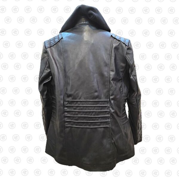 Chaqueta de motorista de cuero auténtico negro de diseñador con capucha. - Imagen 5
