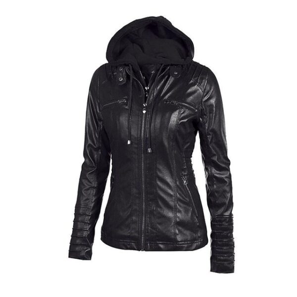 Chaqueta de motorista de cuero auténtico negro de diseñador con capucha. - Imagen 6