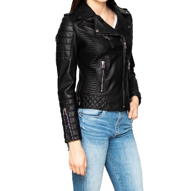 Chaqueta de motociclista de cuero genuino negro para mujer