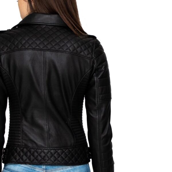 Chaqueta de motociclista de cuero genuino negro para mujer - Imagen 4