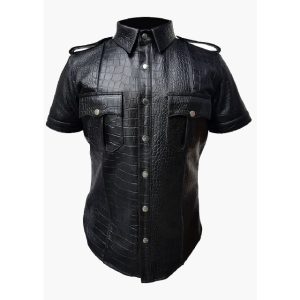 Camisa negra de piel sintética para hombre con efecto cocodrilo, uniforme de policía.