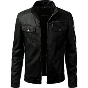 Elegante chaqueta negra de cuero genuino para hombre.