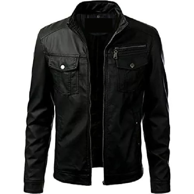 Elegante chaqueta negra de cuero genuino para hombre.