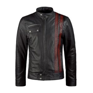 Elegante chaqueta de cuero genuino a rayas color burdeos, corte ajustado, color negro.