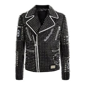 Chaqueta de motorista de cuero auténtico negro con tachuelas