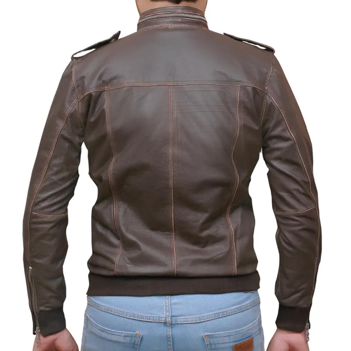 Chaqueta de moto para hombre de piel de oveja marrón – Acolchada - Imagen 3