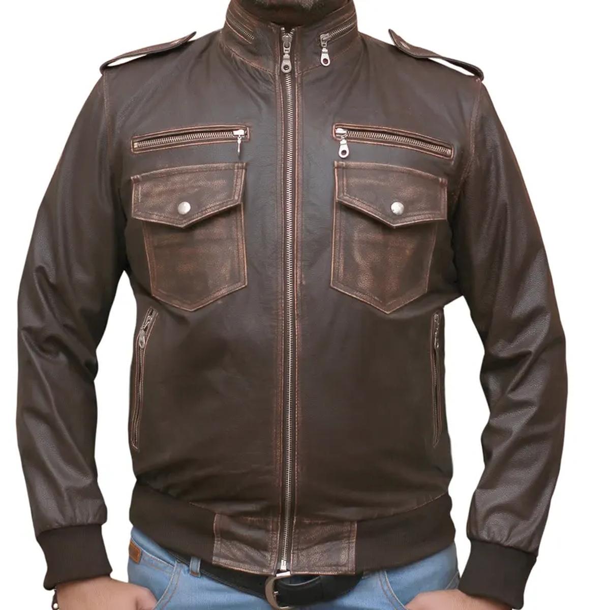 Chaqueta de moto para hombre de piel de oveja marrón – Acolchada - Imagen 4