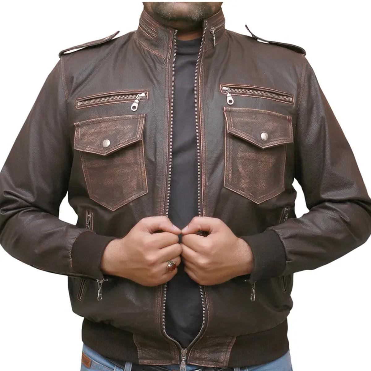 Chaqueta de moto para hombre de piel de oveja marrón – Acolchada - Imagen 5