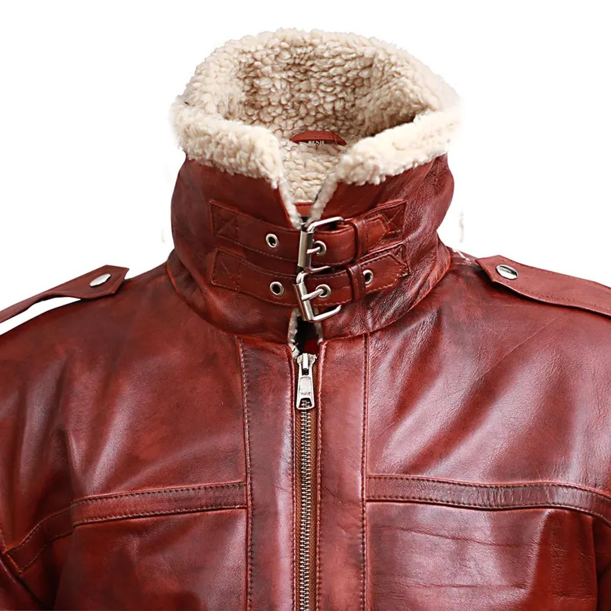 Chaqueta de hombre de piel auténtica con cuello alto y ribete de piel de oveja marrón. - Imagen 4