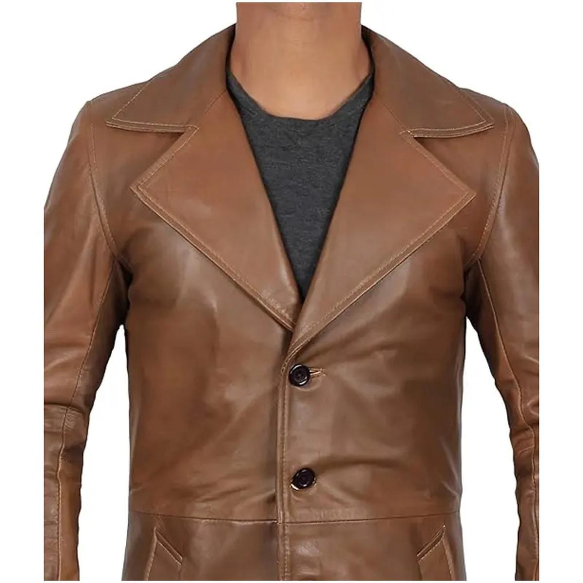 Gabardina vintage de cuero auténtico con solapas anchas. - Imagen 3