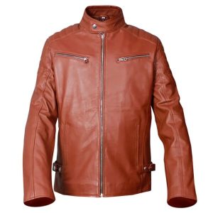 Chaqueta de moto de cuero auténtico marrón, estilo retro cafe racer.