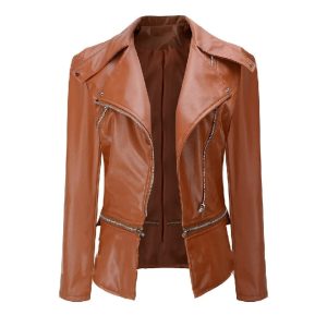 Chaqueta de mujer de piel auténtica marrón con solapas y cierre de cremallera.