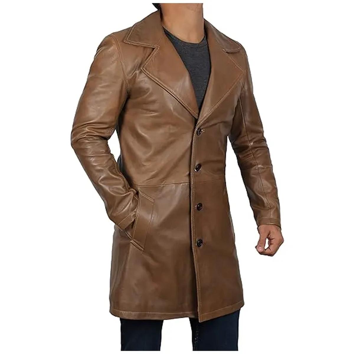 Gabardina vintage de cuero auténtico con solapas anchas. - Imagen 4