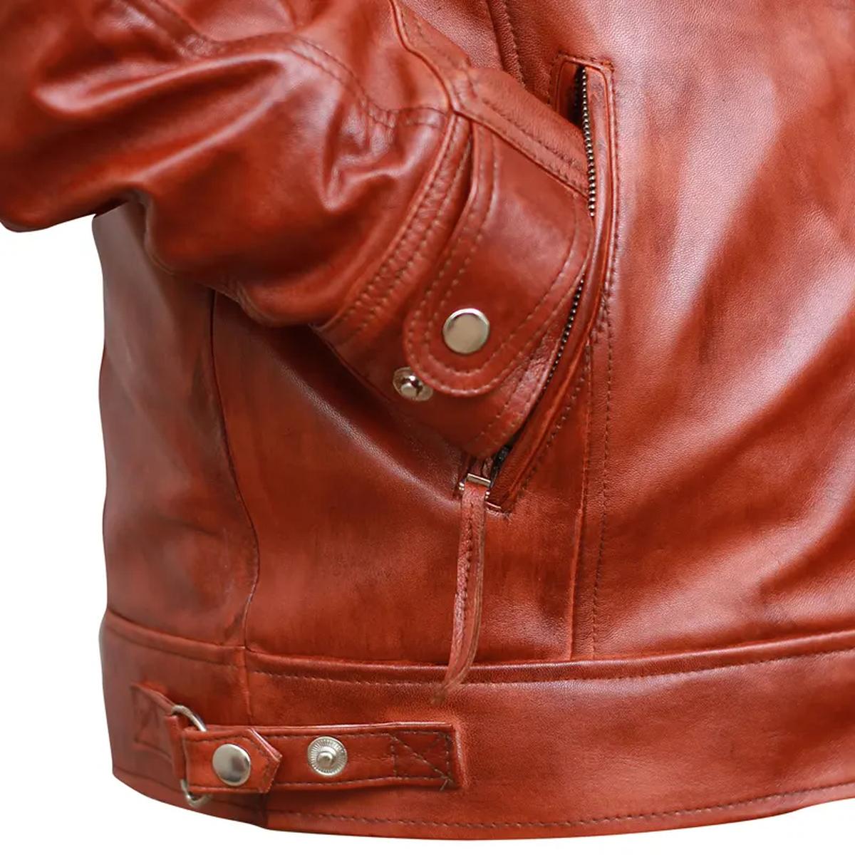 Chaqueta de motorista clásica vintage de cuero genuino marrón con estampado de rombos. - Imagen 5